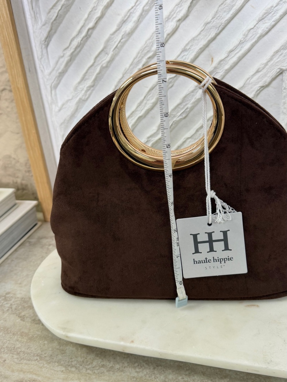 Haute Hippie Chocolate Brown Suede Clutch with Gold Ring Handle - Picture 9 of 16